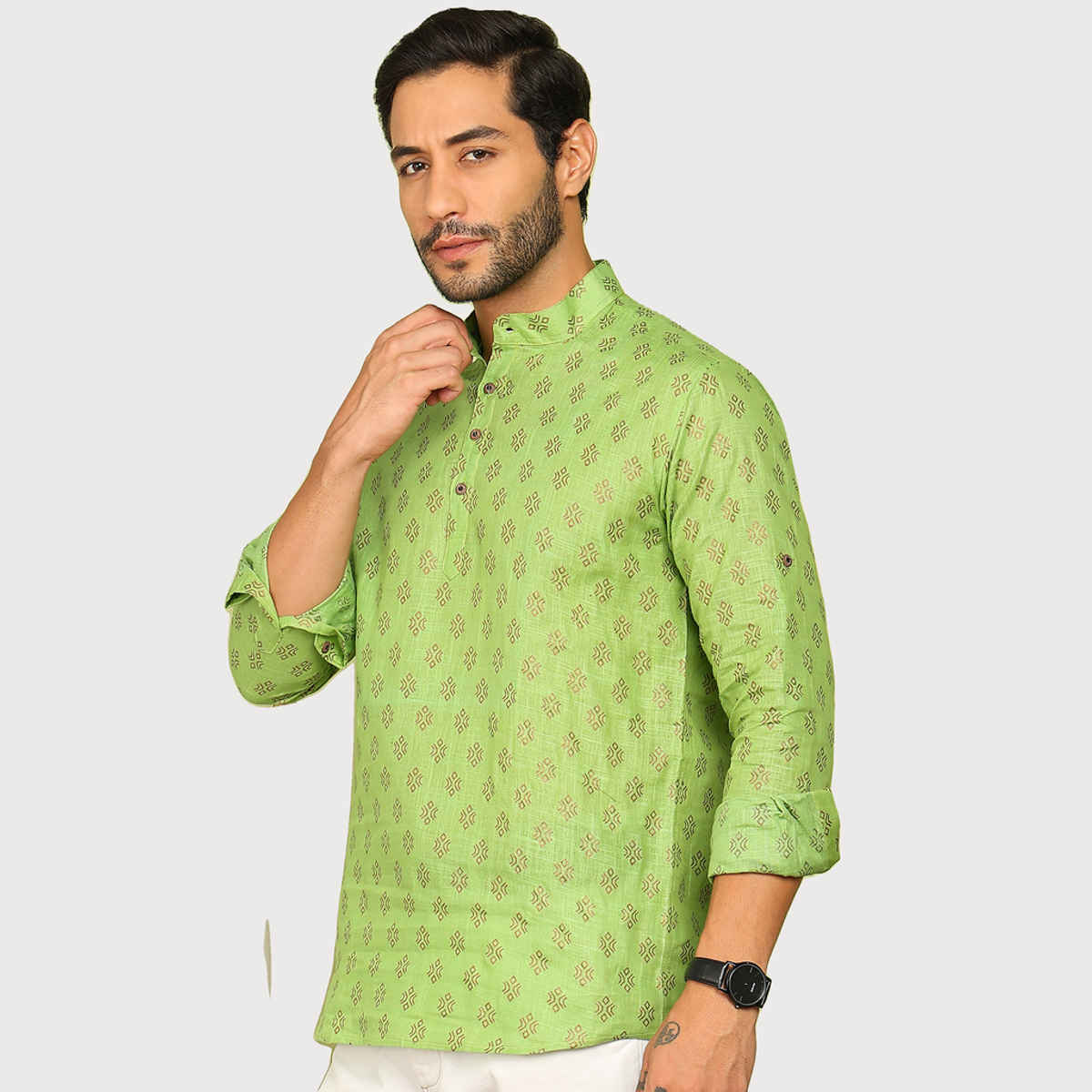 Allan Peter Men's Printed Short Kurta | Green - XL