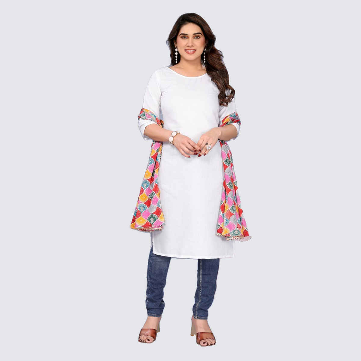 Riglozi White 3/4 Sleeves Cotton Made White Long Round Neck Regular wear Kurti for Women | XL