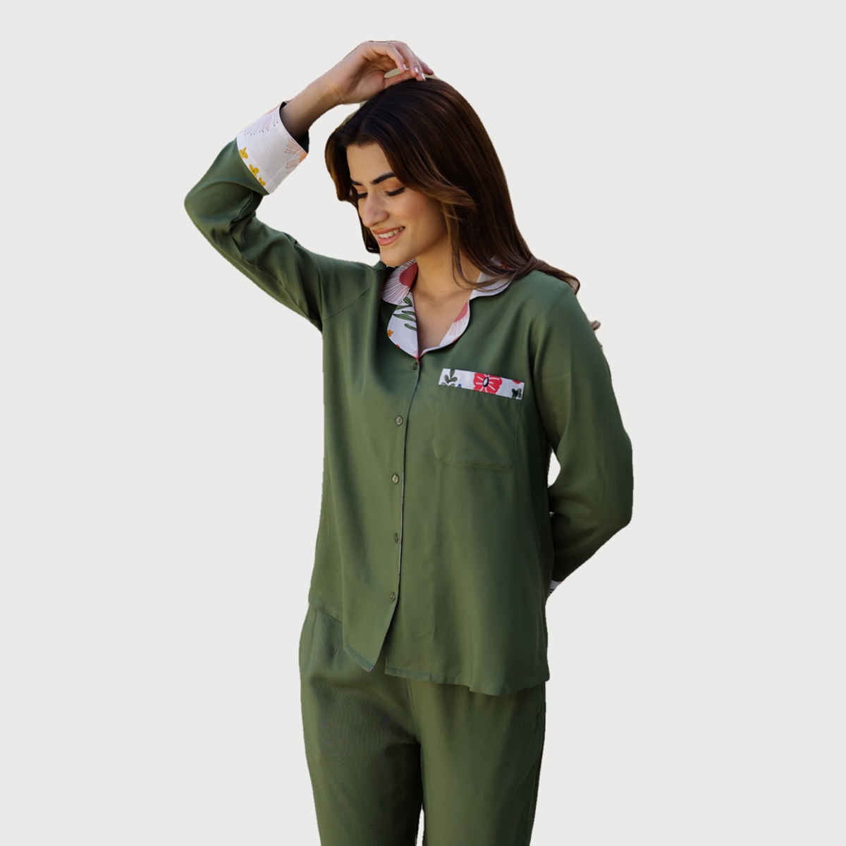 Sanskrutihomes Lapel Collar Night Suit | Green | S