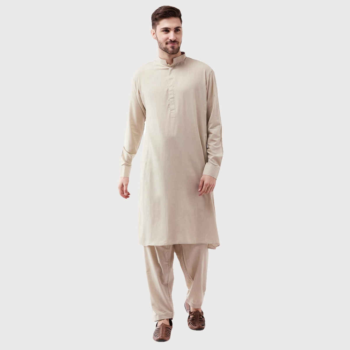 Vastramay Men's Cotton Blend Kurta and Patiala Set | Beige - L