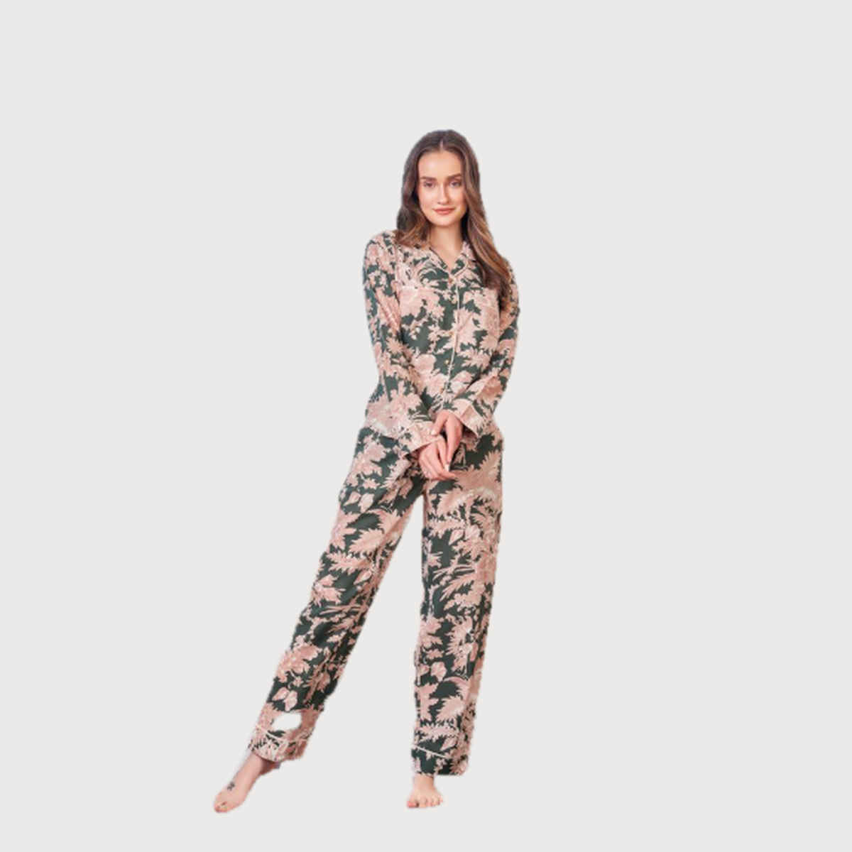 Sanskrutihomes Floral Printed Pure Cotton Night Suit | Olive - L