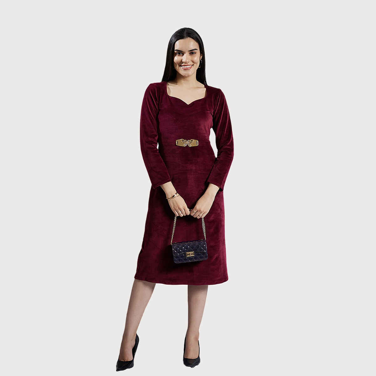 Athena Women's Sweetheart Neck Embellished Detailed A-Line Midi Dress | Maroon - L