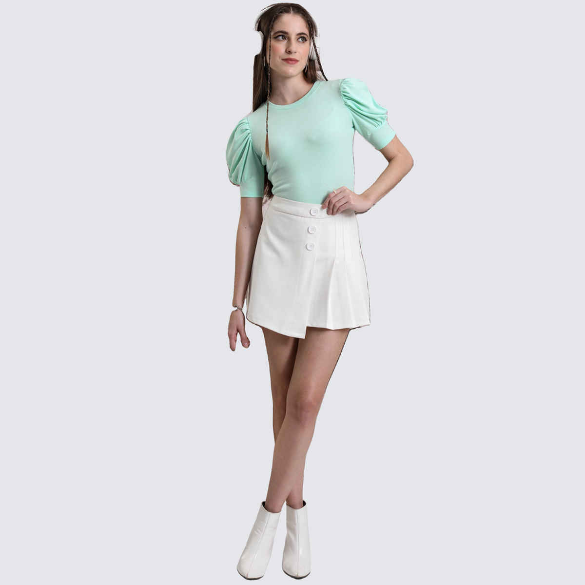 Tokyo Talkies Women's Puff Sleeve Knited Top | Green - L