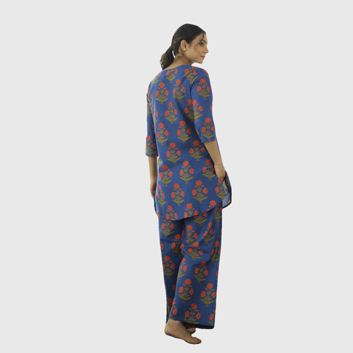 Sanskrutihomes Floral Printed Pure Cotton Night Suit | Blue - 3XL