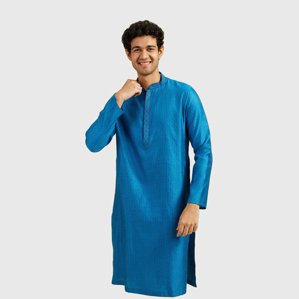 Diwas By Manyavar Blue Blended Viscose Self Design Kurta Set | M