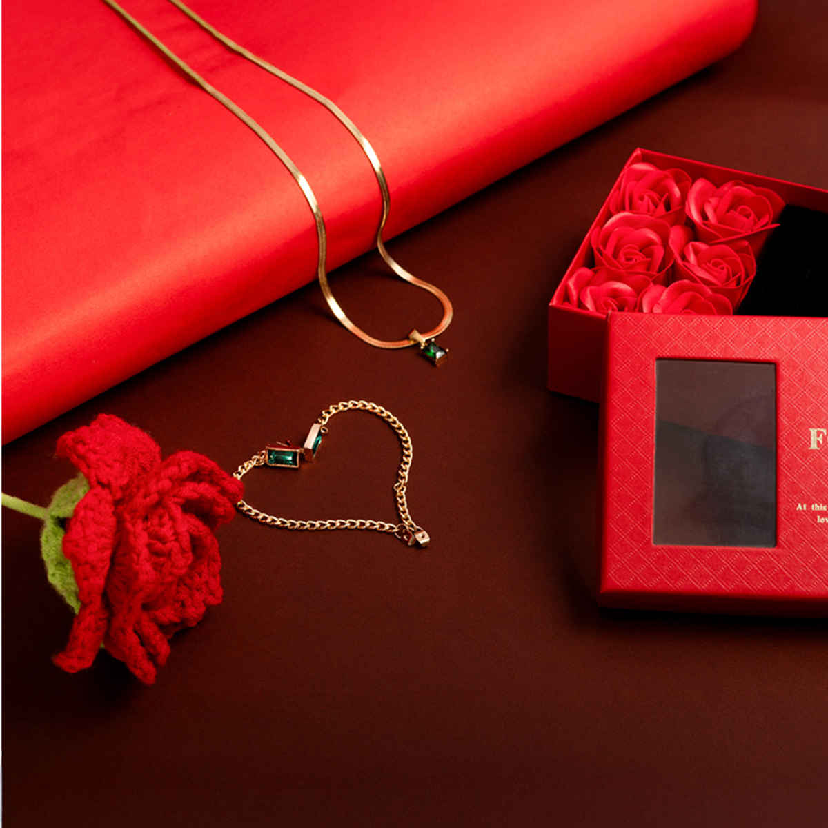 Just Lil Things Women's Day Luxe Red Rose with Green Elegant Earring & Necklace Set