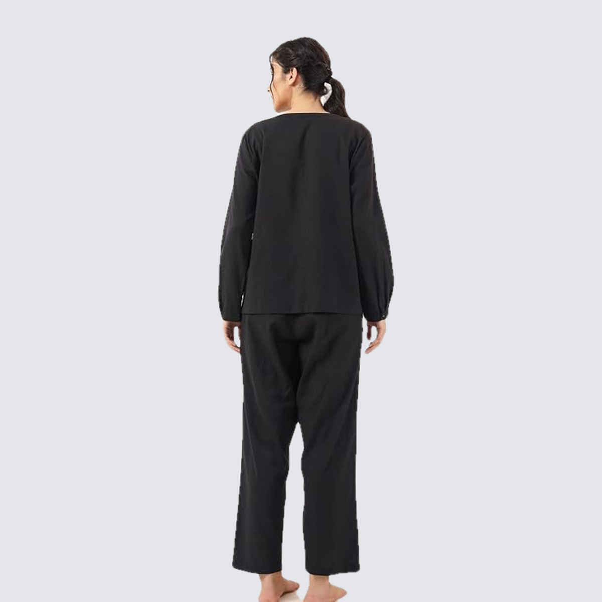 Sanskrutihomes Black Round Neck Pure Cotton Nightsuit | Black - M
