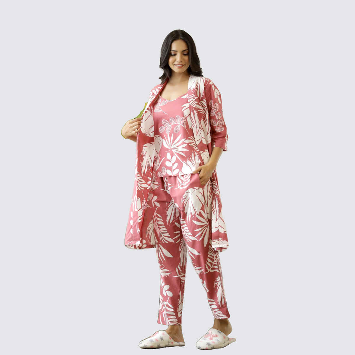 Sanskrutihomes Women's Printed Pure Cotton Night Suit | Pink - M