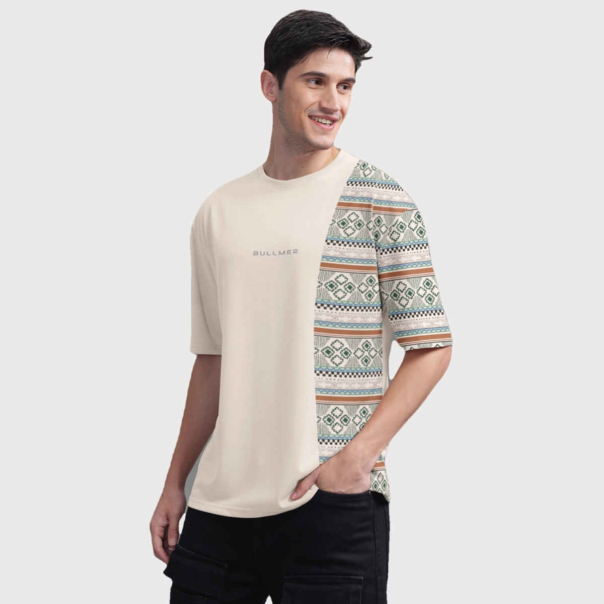 Bullmer Men's Oversized T-shirt Front and Back Printed | Petrol Blue, Beige | M