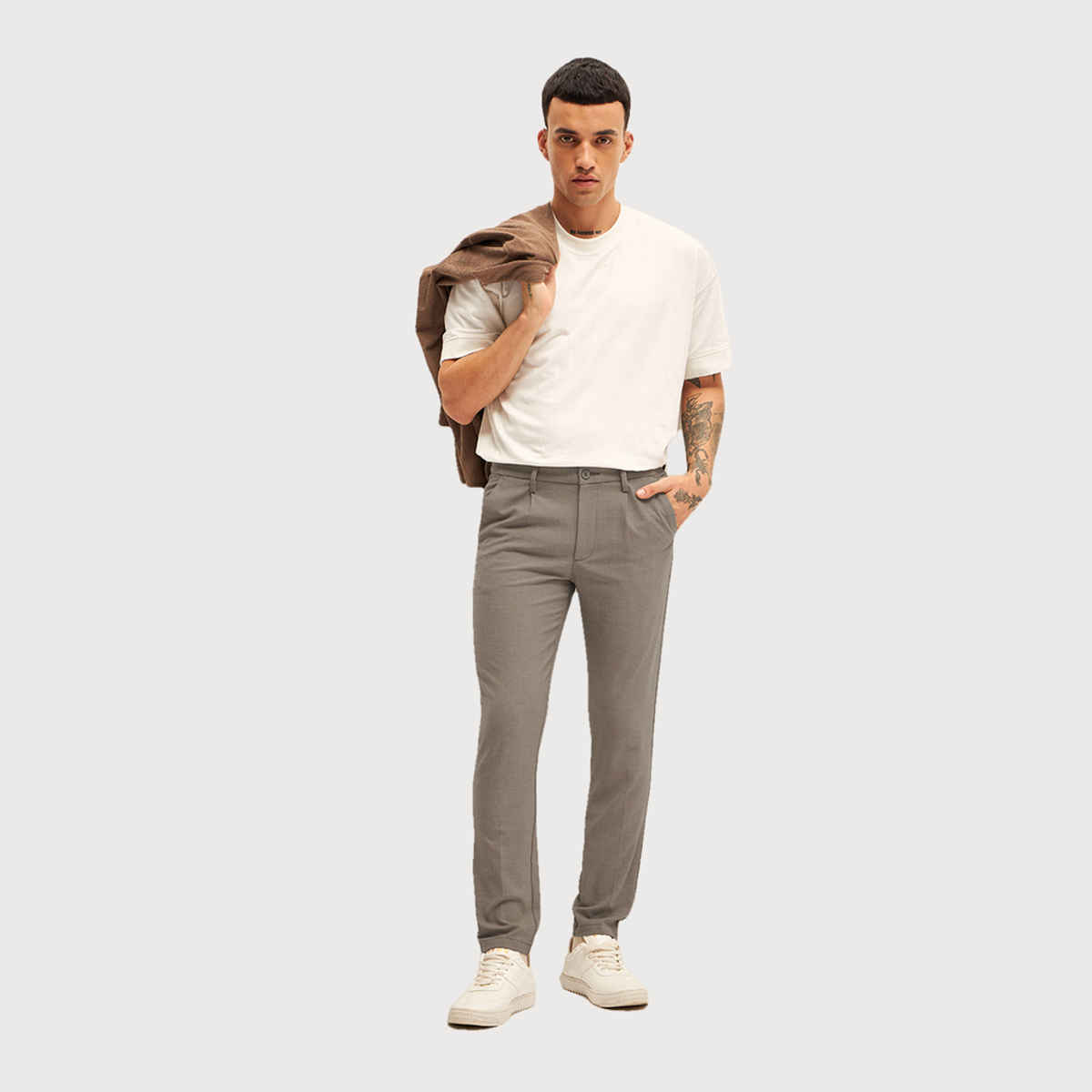 The Bear House Men 4 Way Stretch Solid Formal Trouser - Ferna | Beige | 38