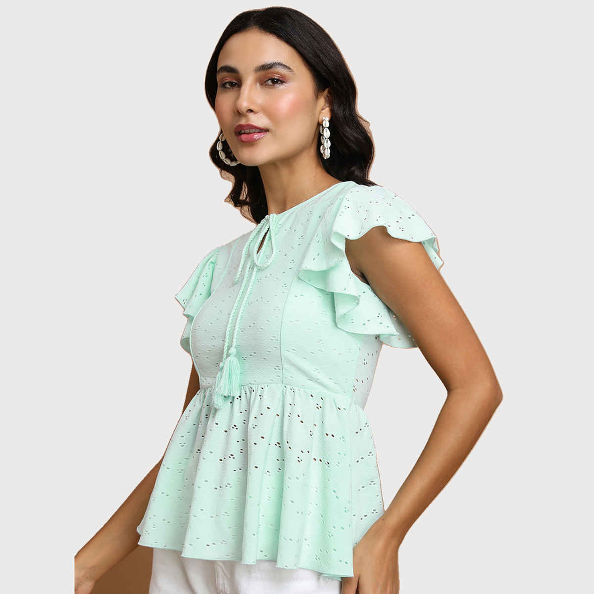 Tokyo Talkies Women's Schiffli Peplum Top with Tie-Up Neck and Flutter Sleeves | Blue - M
