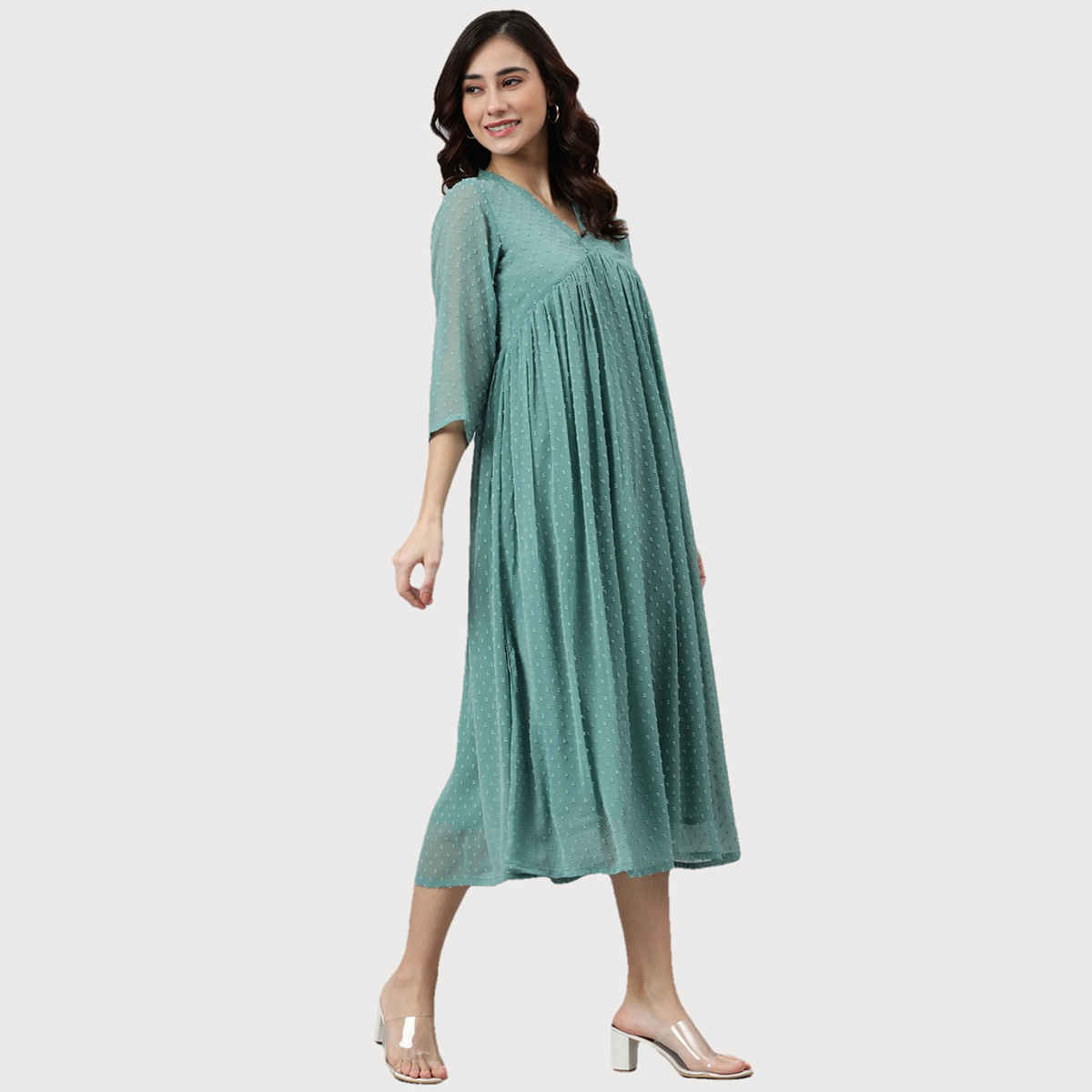 Janasya Women's Green Chiffon Self Design Flared Western Dress - S