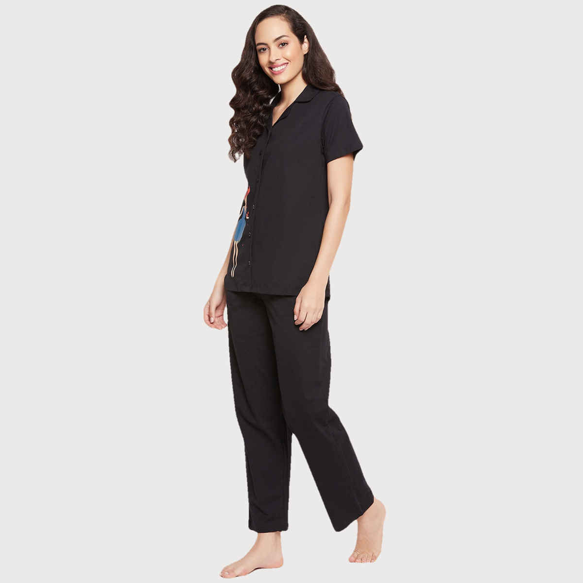 Clovia Cancer Print Button Down Shirt & Pyjama Set - 100% Cotton(Black - Xxl)