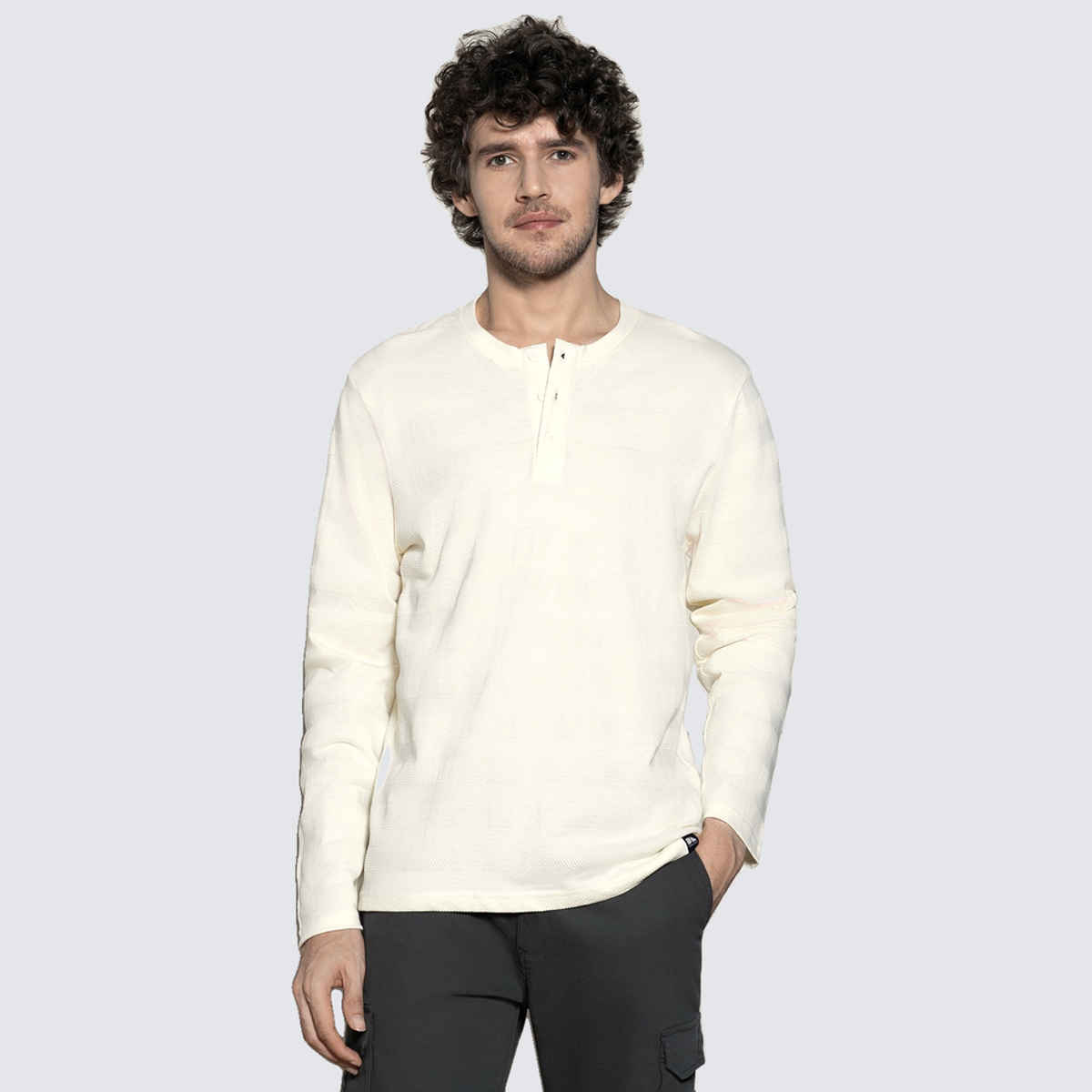 Dennis Lingo Men's Henley Neck Textured Full Sleeve T-shirt | White Ecru | L