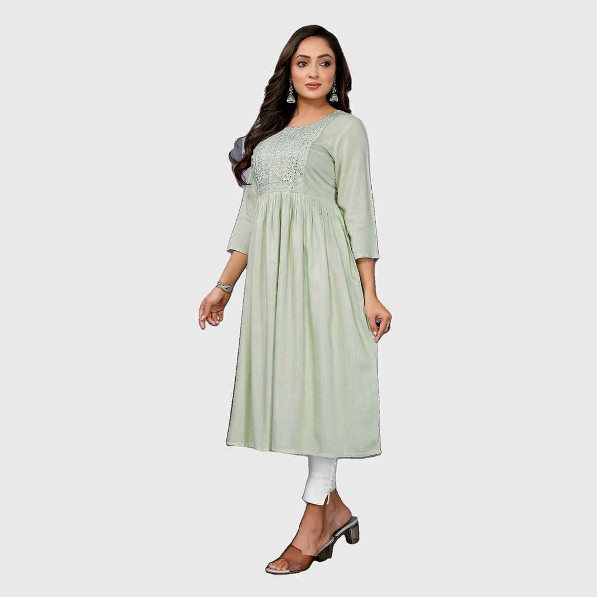 Rangita Women's Rayon Embroidered Flared Calf Length Kurta | Light Green - S