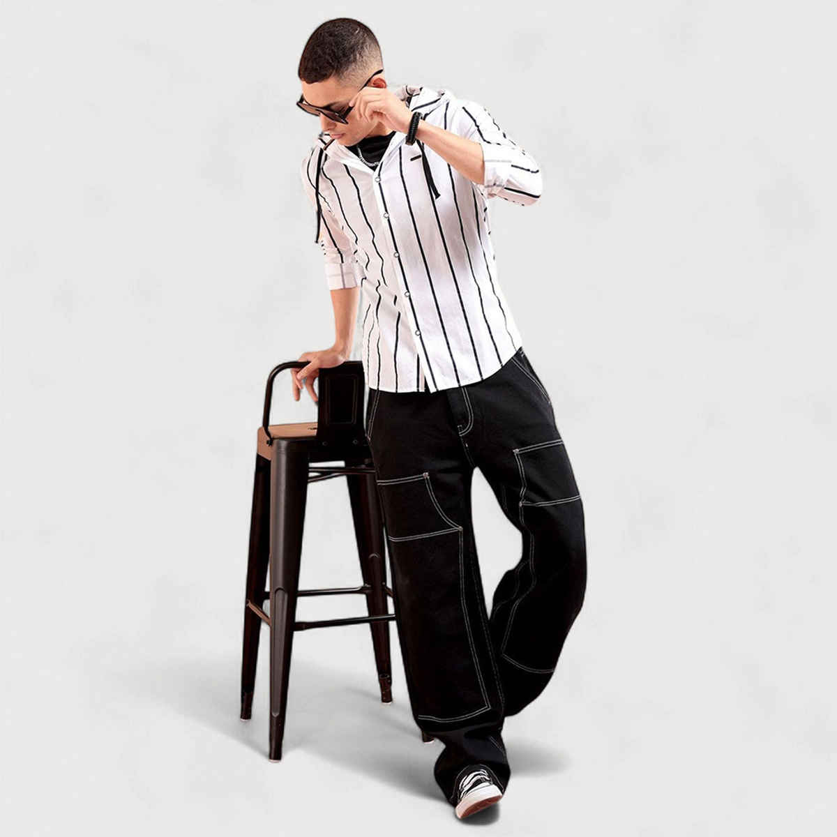 The Indian Garage Co Men's Slim Fit Vertical Striped Casual Shirt | White - M