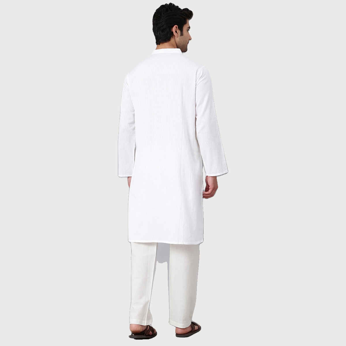 Fabindia Men's Long Kurta Dobby | White - L