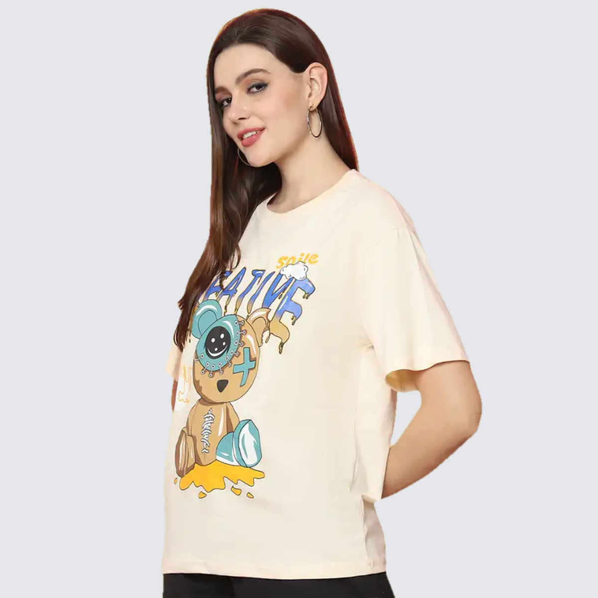 Fabflee Women Oversize Cotton Printed Round Neck Tshirt | Beige | FAB-OS-529 | L