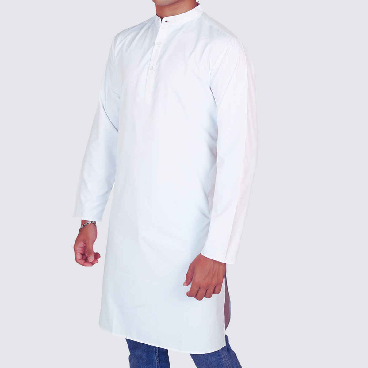 EQL Men's Cotton Linen Button Placket Long Kurta for Men | White - M