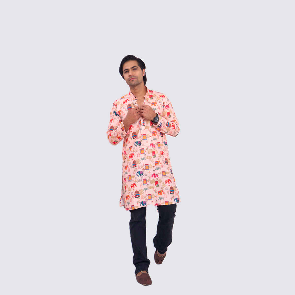 House Of Festivals Men's Printed Cotton Blend Ethnic Design Long Kurta | Multicolor - XL