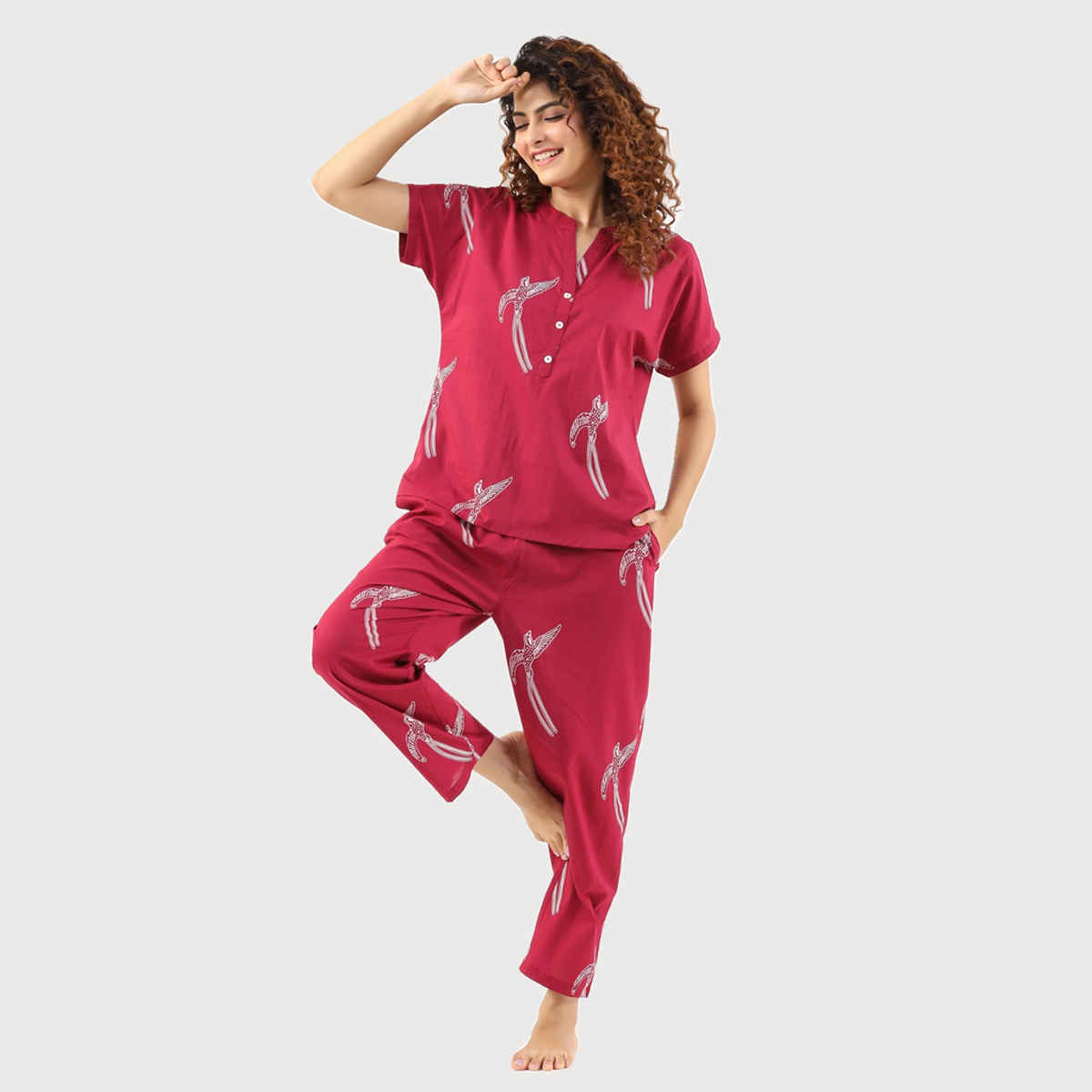 Sanskrutihomes Conversational Printed Mandarin Collar Pure Cotton Night Suit | Magenta - S
