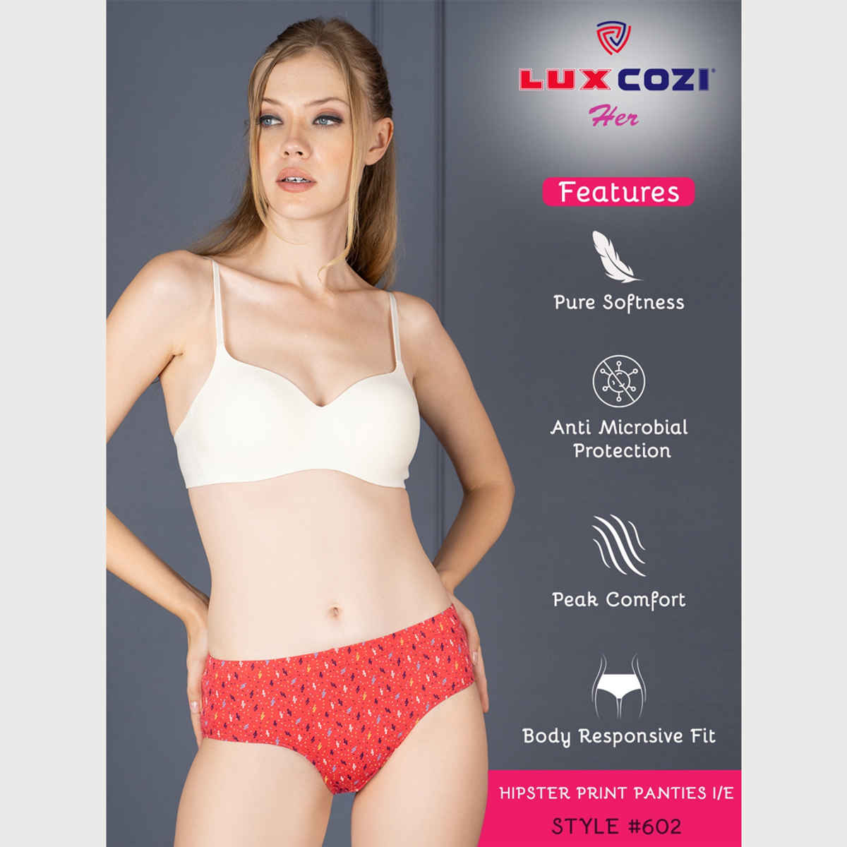 Lux Cozi Her Pure Cotton Hipster Printed Panty | Multicolor | Size-80 | Pack Of 4