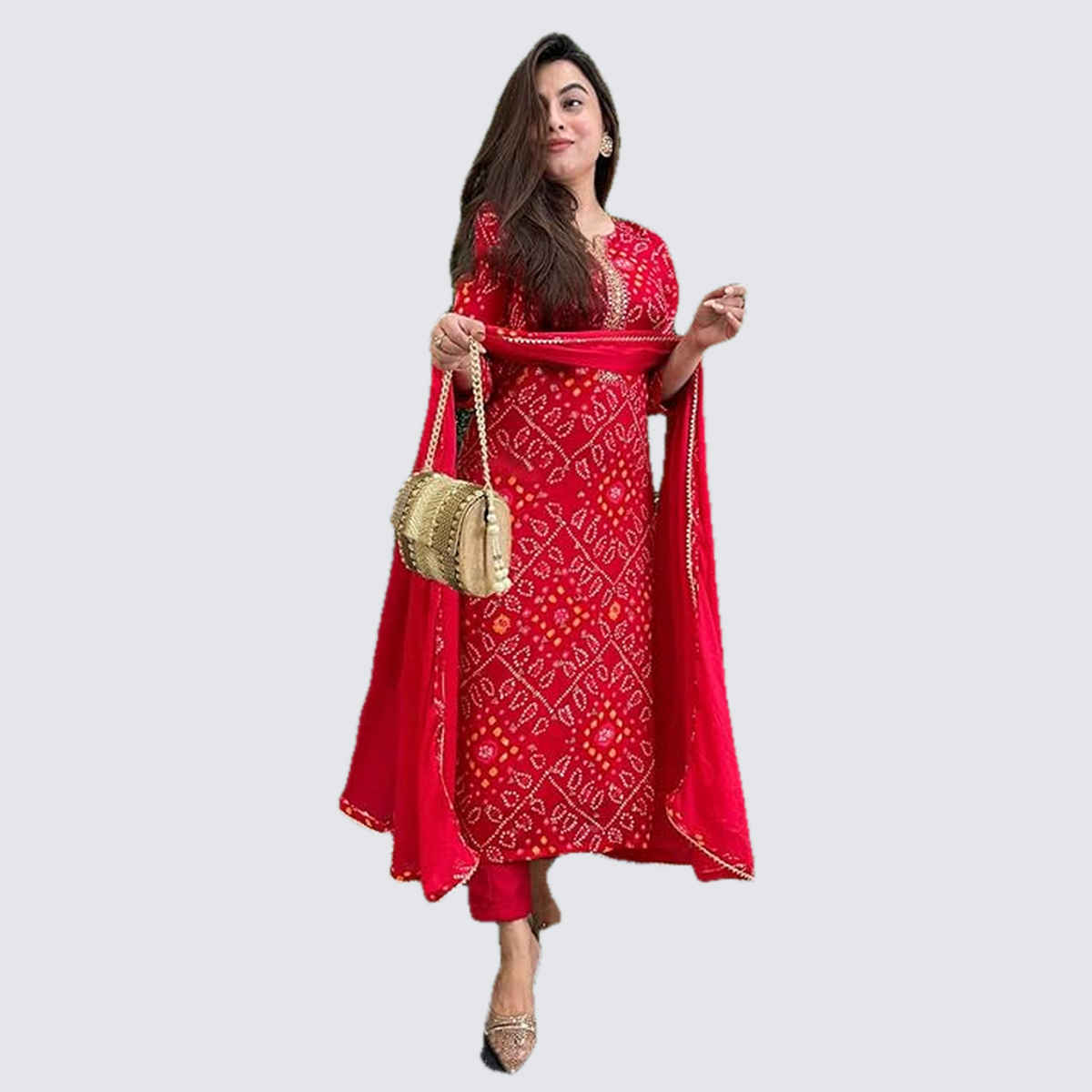 GoSriKi Women's Rayon Blend Straight Printed Kurta with Pant & Dupatta | TURAE | Red - XL