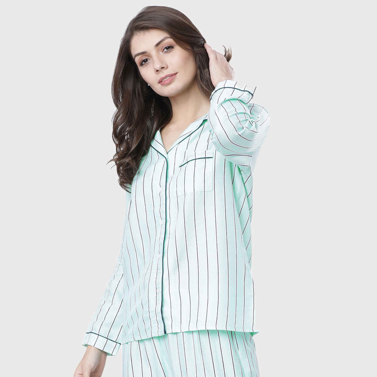 Tokyo Talkies Women's Striped Casual Shirt | Mint and Navy Blue - XL