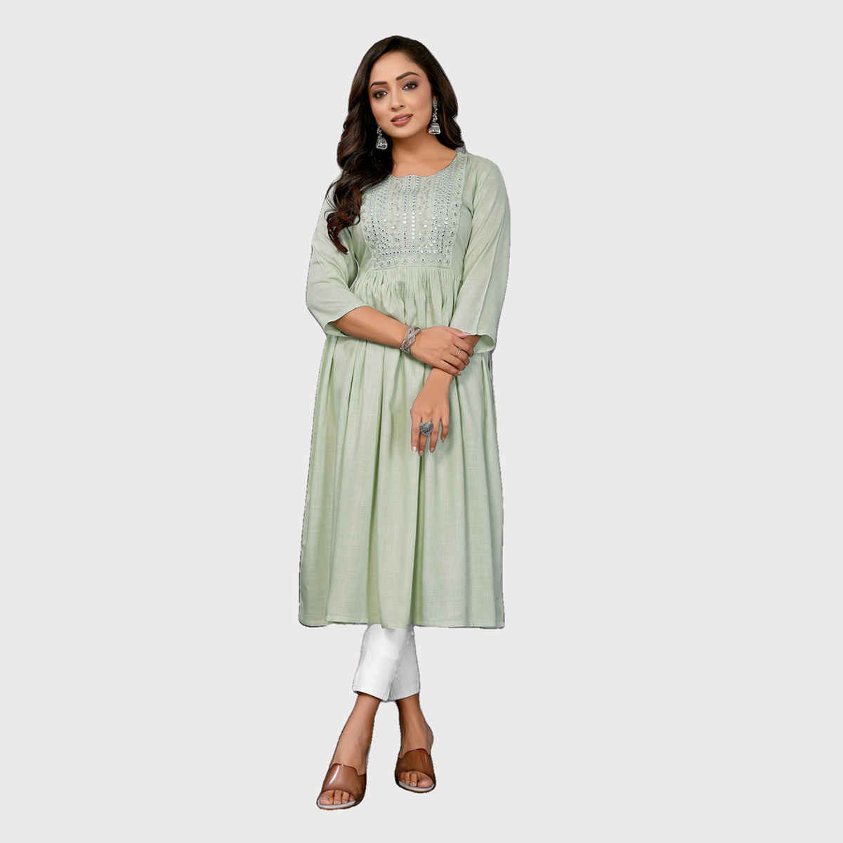 Rangita Women's Rayon Embroidered Flared Calf Length Kurta | Light Green - S