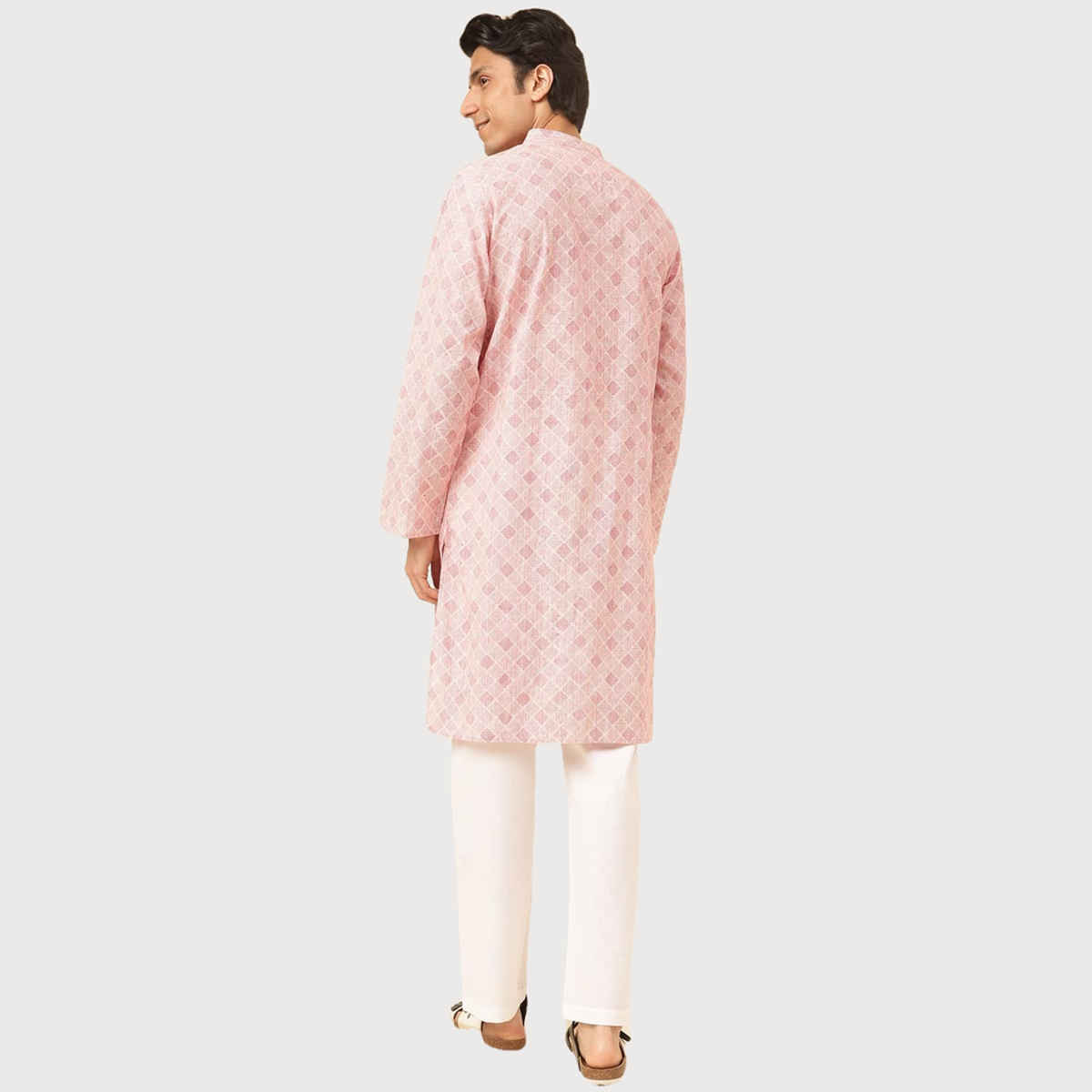 Fabindia Men's Long Kurta Hand Block Printed | Pink - L
