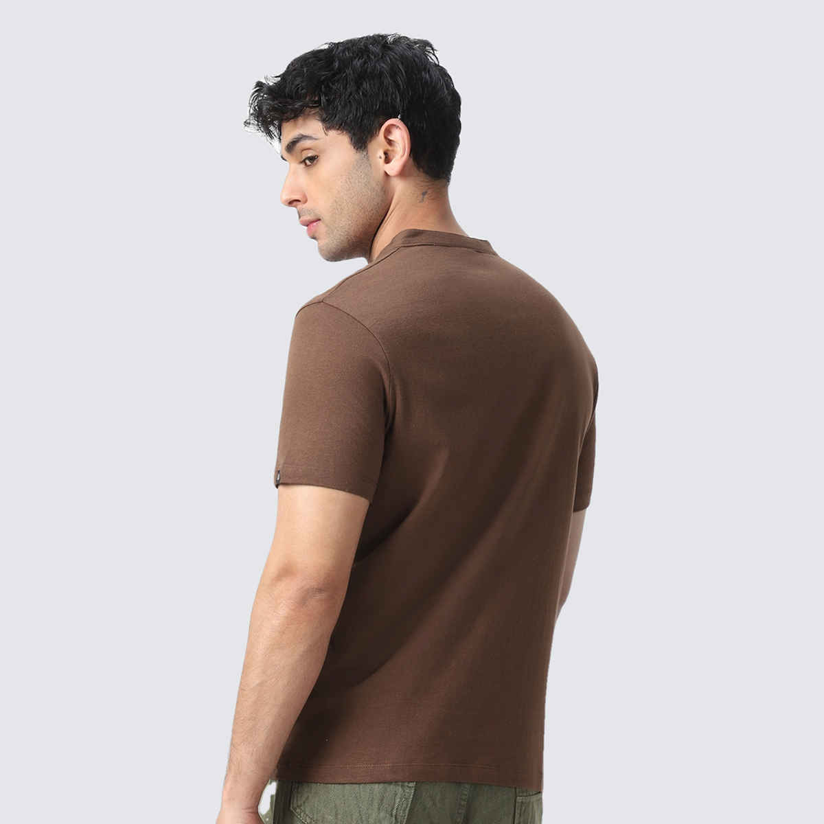 Urbano Fashion Men's Slim Fit Solid Mandarin Collar Half Sleeve Cotton T-Shirt | Cocoa Brown - L