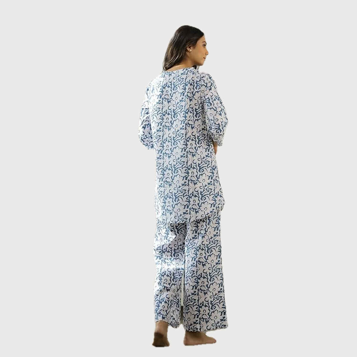 Sanskrutihomes Shirt Collar Pure Cotton Night Suit | Blue - XL