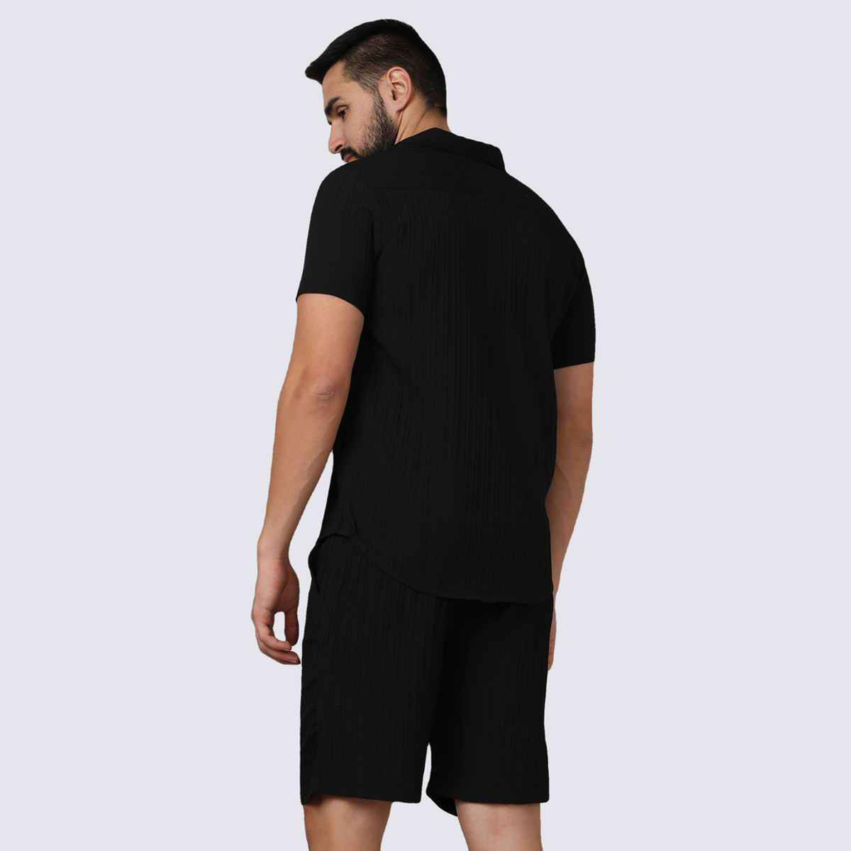 Campus Sutra Men's Self - Design Striped Co-ord Set | Midnight Black - XL