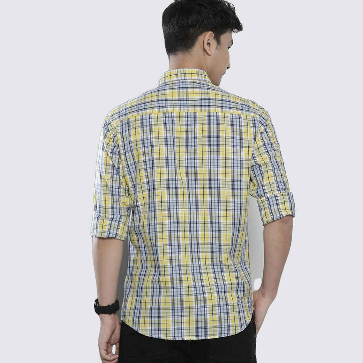 The Indian Garage Co Men's Slim Fit Checked Casual Shirt | Yellow - L