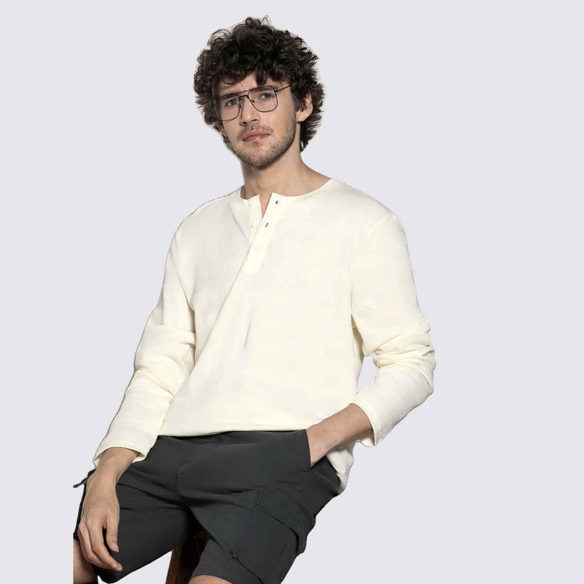 Dennis Lingo Men's Henley Neck Textured Full Sleeve T-shirt | White Ecru | L