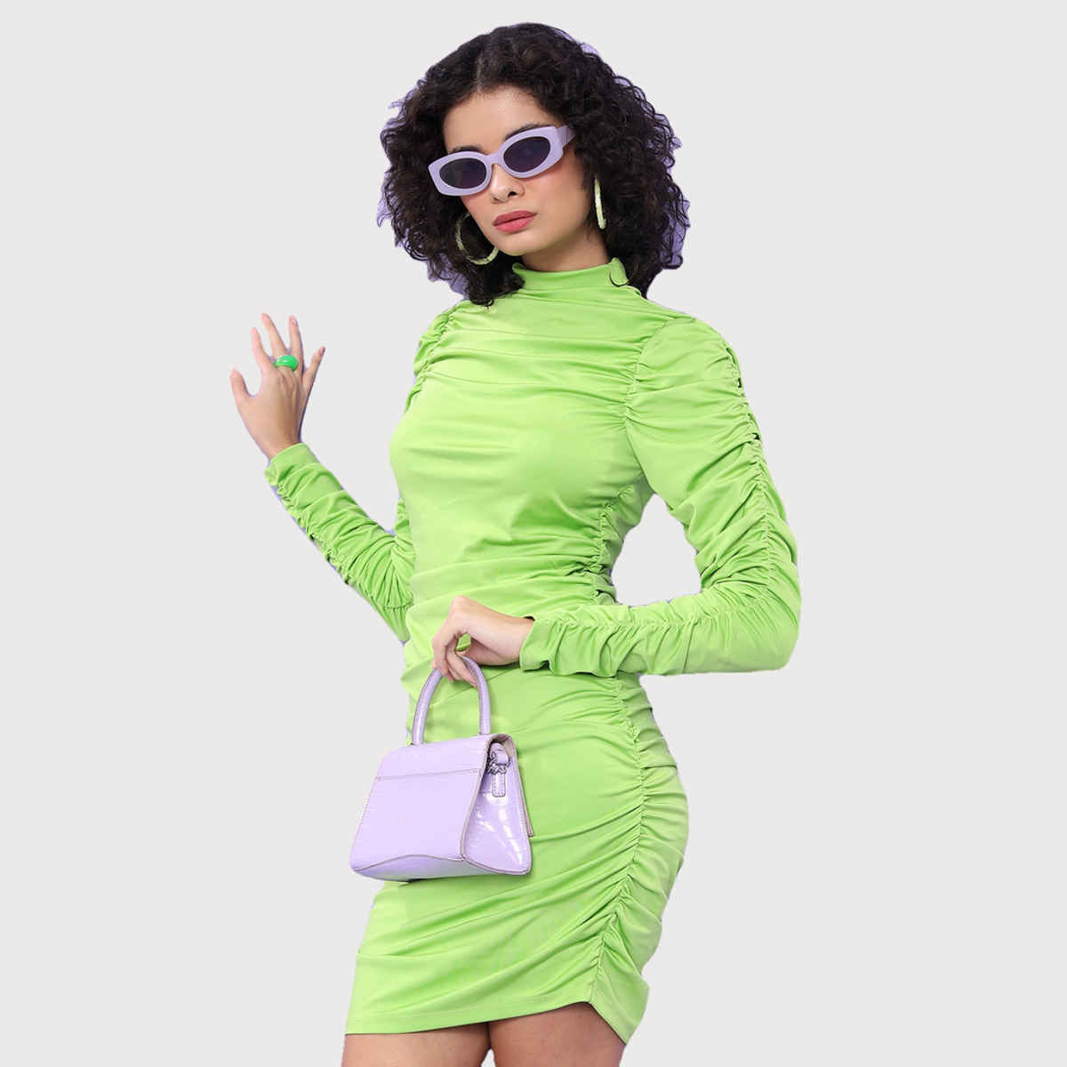Ketch Women's High Neck Puff Sleeve Gathered Ruched Bodycon Dress | Green - L