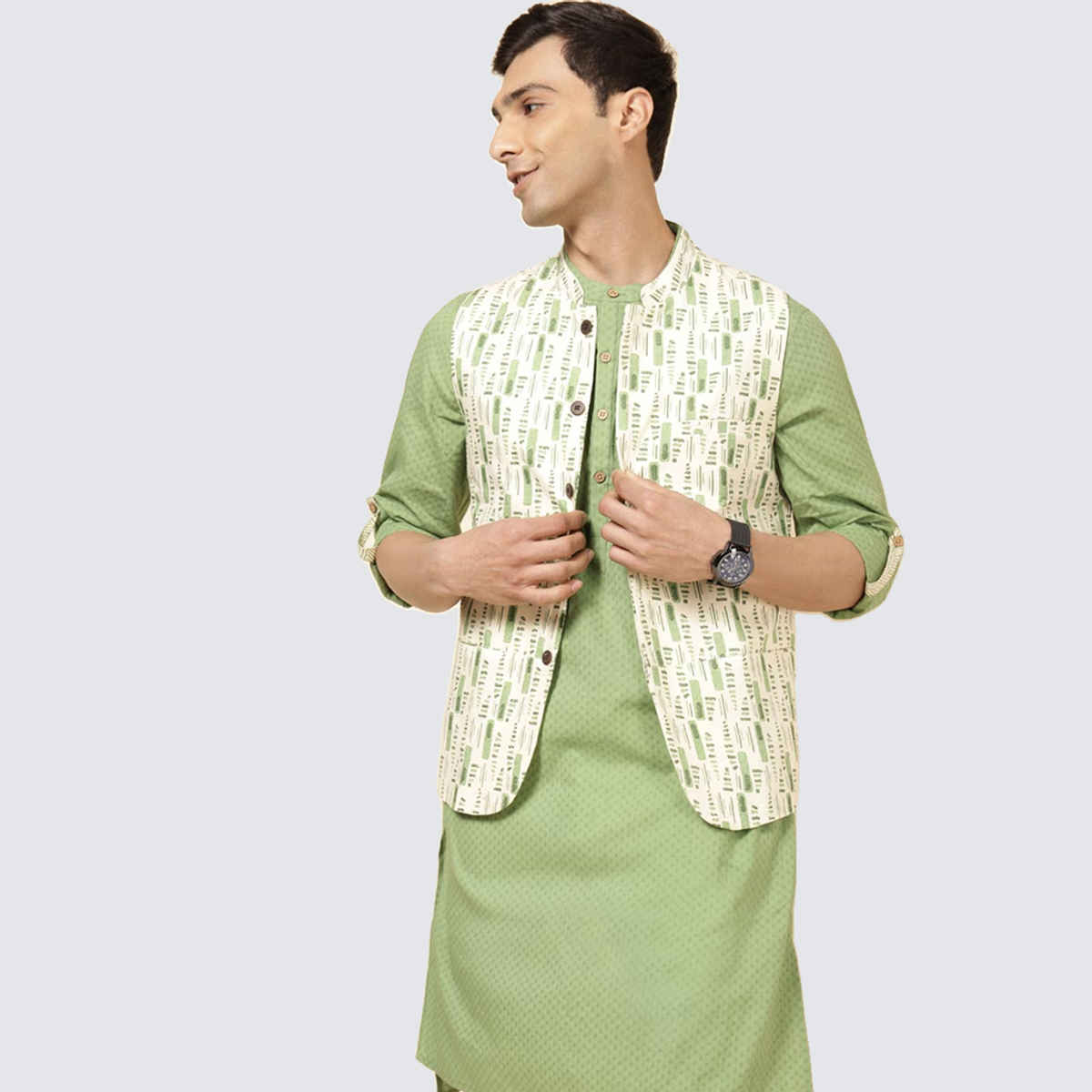 Fabindia Men's Nehru Jacket Cotton Tribal Printed Slim Fit | Natural - S