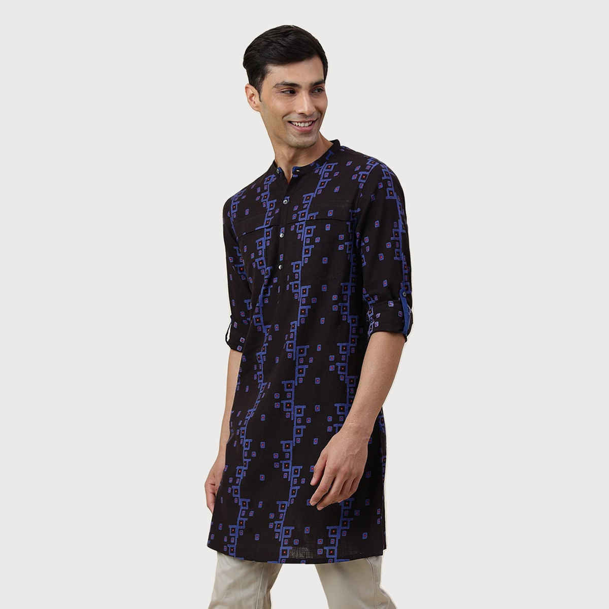 Fabindia Men's Long Kurta Printed Slim Fit | Black - S
