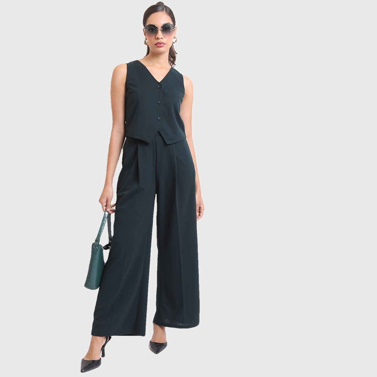 Ketch Women Sleeveless Waistcoat Wide Leg Trousers Co-ords | Blue | L