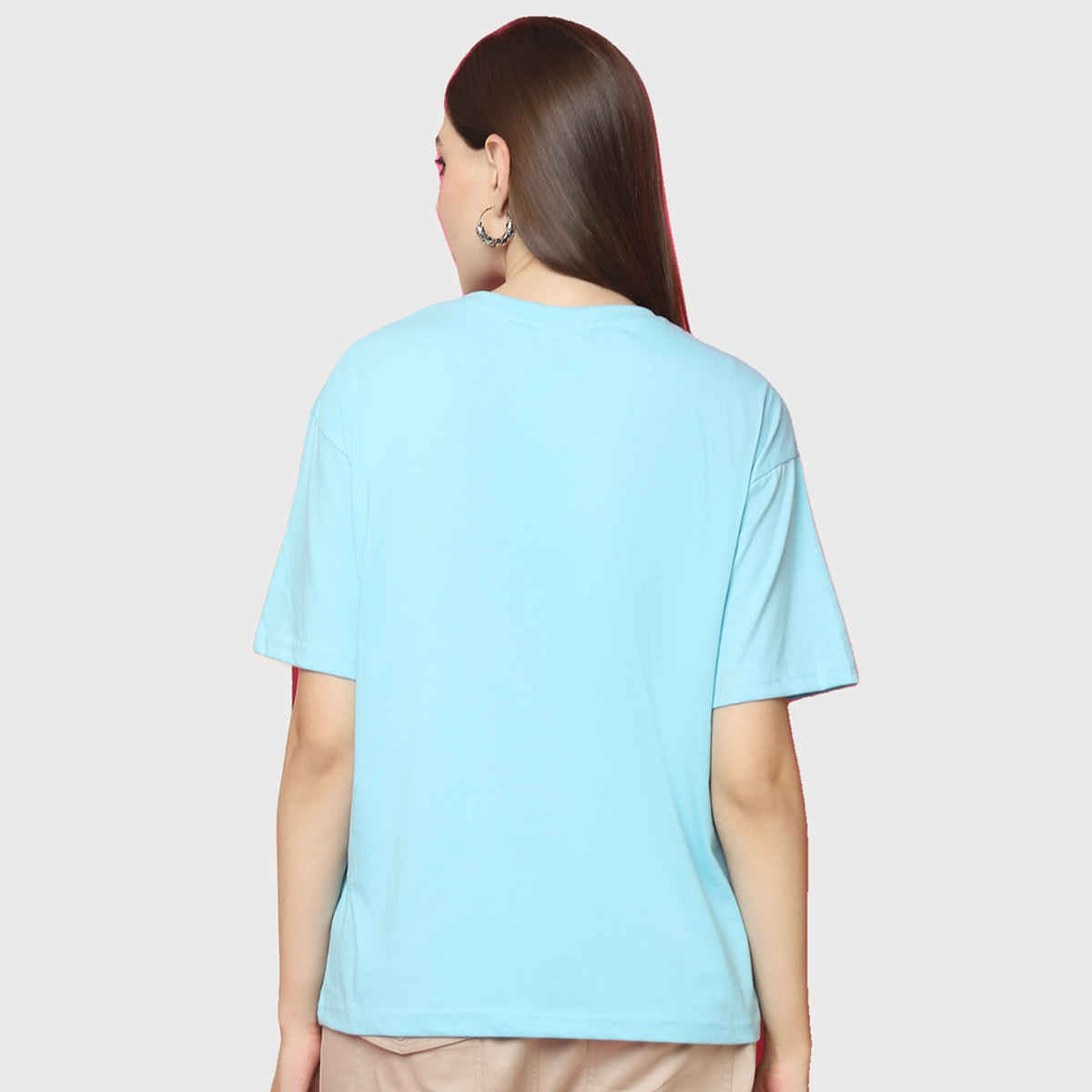 Fabflee Women Oversize Cotton Printed Round Neck Tshirt | Light Blue | FAB-OS-516 | L