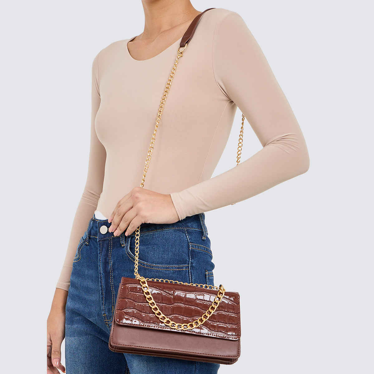 Styli Women's Croc Textured Flap Shoulder Satchel Bag | Brown