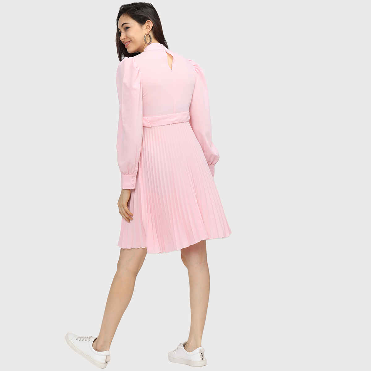 Tokyo Talkies Women's Solid High Neck Fit and Flare Dress | Pink - S