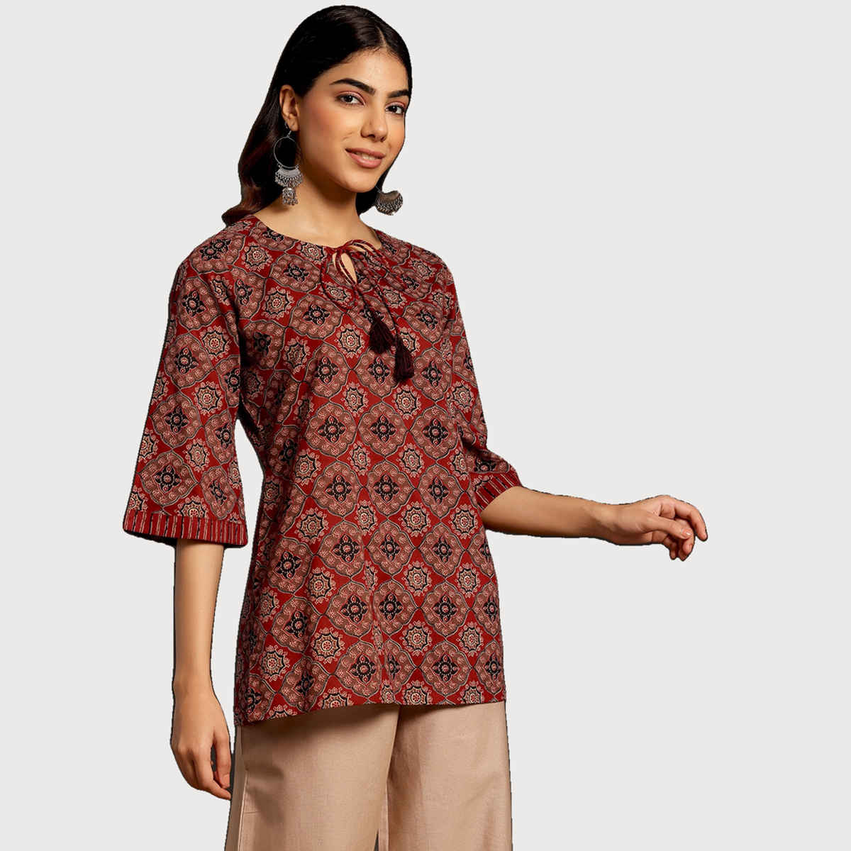 Libas Women Ethnic Motif Maroon Kurti With Flared Sleeves - 26844S