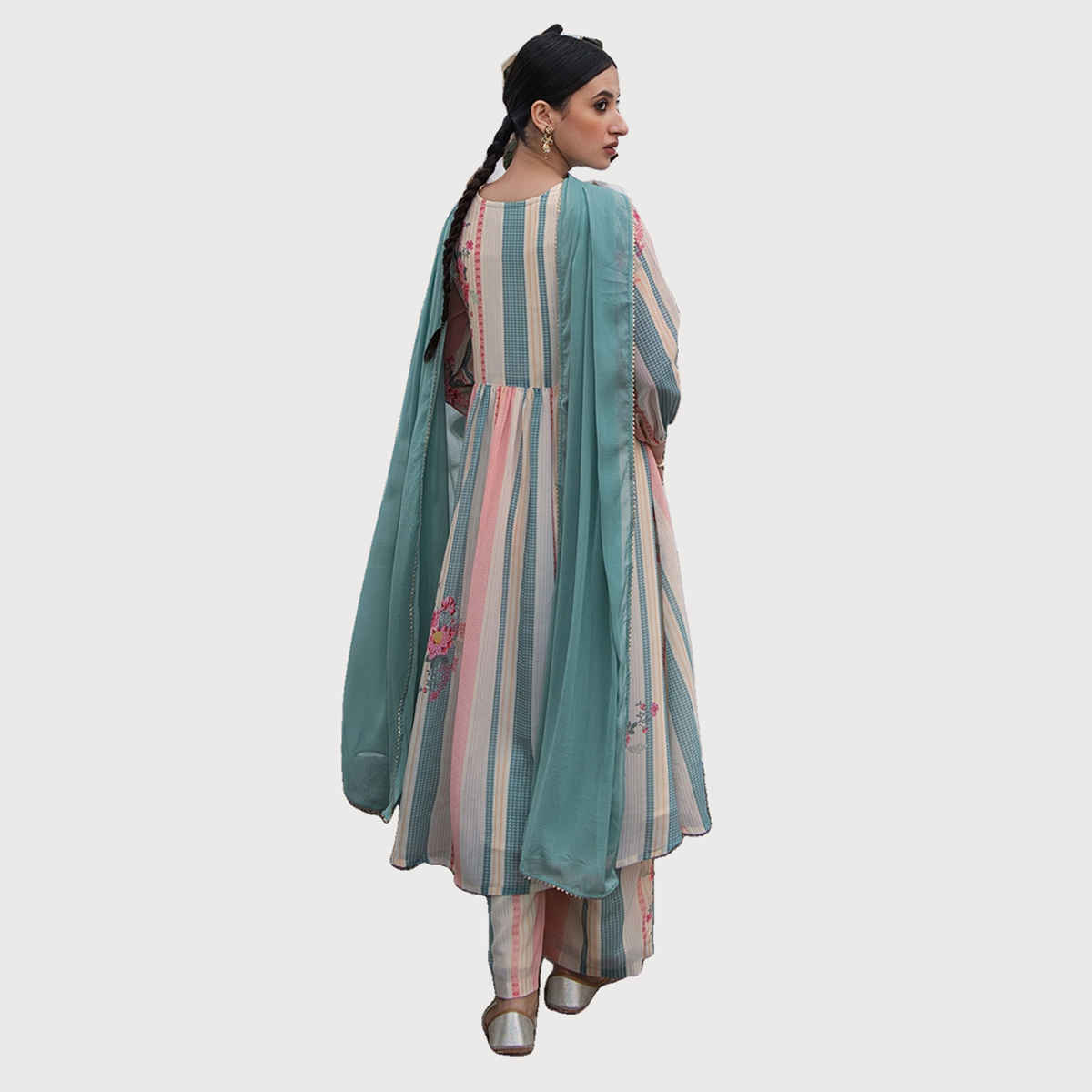 Janasya Women's Cream Georgette Floral Printed Embroidered A-Line Kurta Set | L