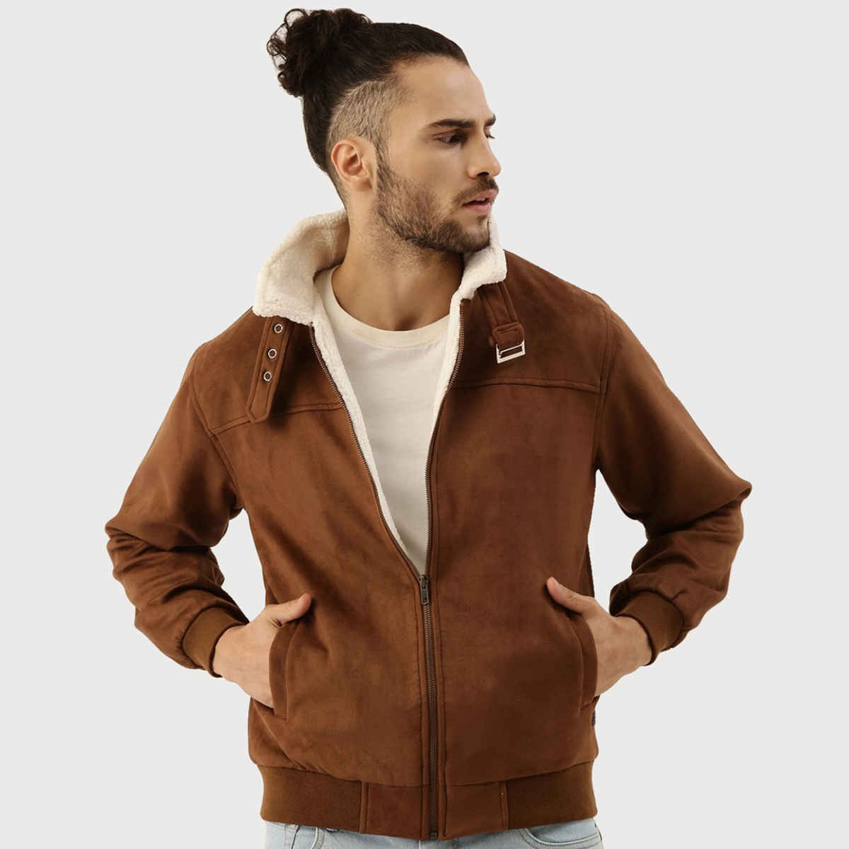 Campus Sutra Men's Zip-Front Jacket With Fleece Detail | Brown - L