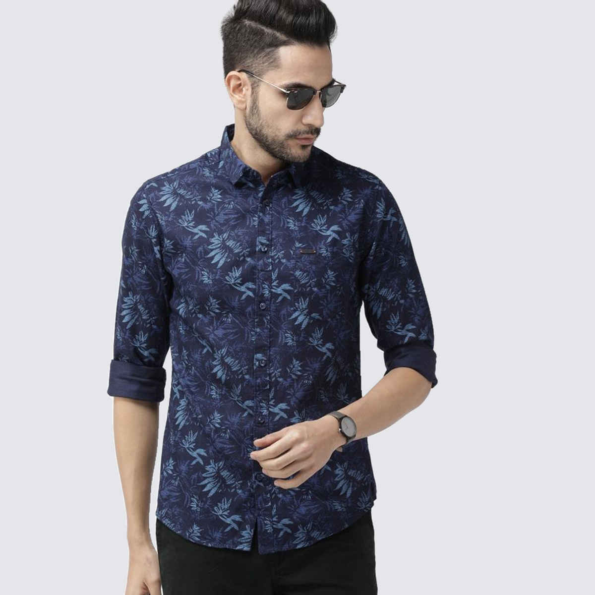 The Indian Garage Co Men's Slim Fit Abstract Printed Casual | Navy Blue | L