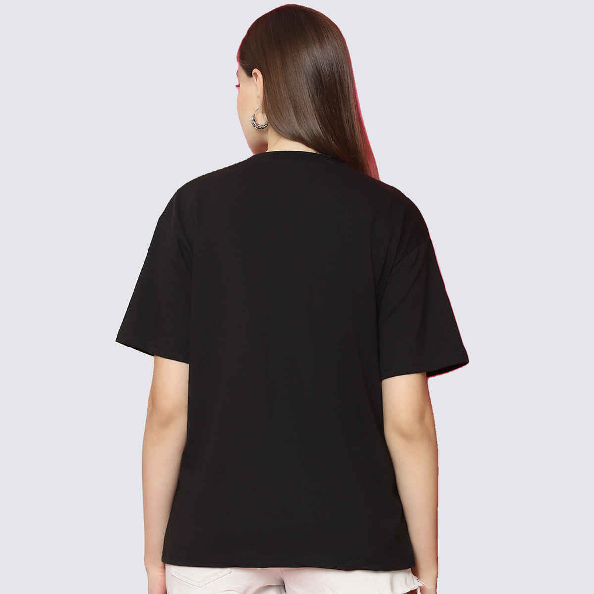 Fabflee Women Oversize Cotton Printed Round Neck Tshirt | Black | FAB-OS-520 | M