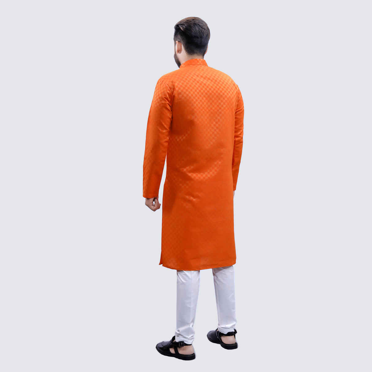 Tibra Collection Men Kurta - Orange | Block Pattern | Cotton Blend | L