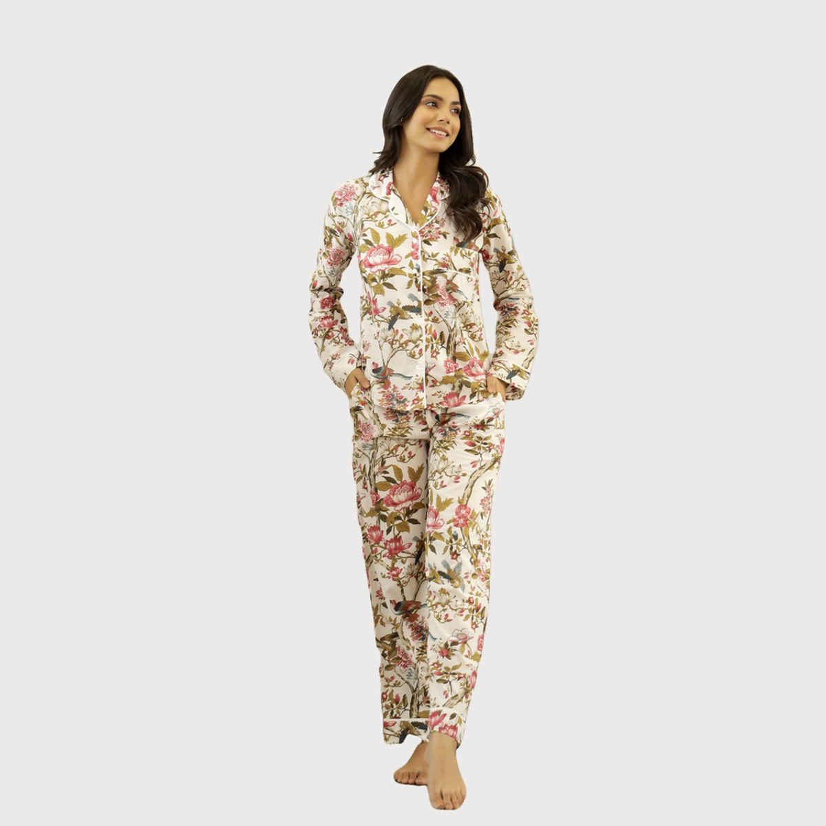 Sanskrutihomes Women's Printed Cotton Night Suit | White - L