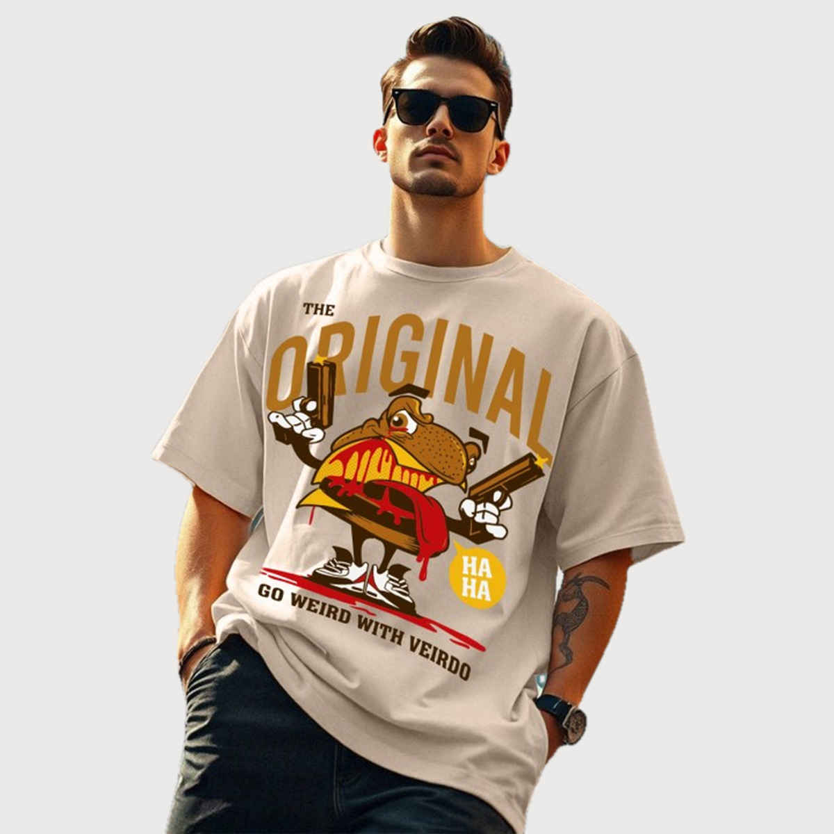 VEIRDO Men's Printed Oversized T-shirt | OS 100 FRGORGNL SW | Swan White - L